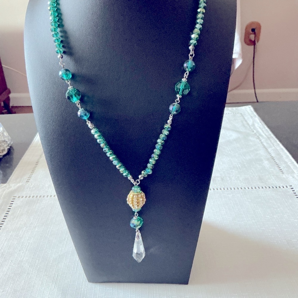 Green Crystal Gold and Silver Tone Necklace